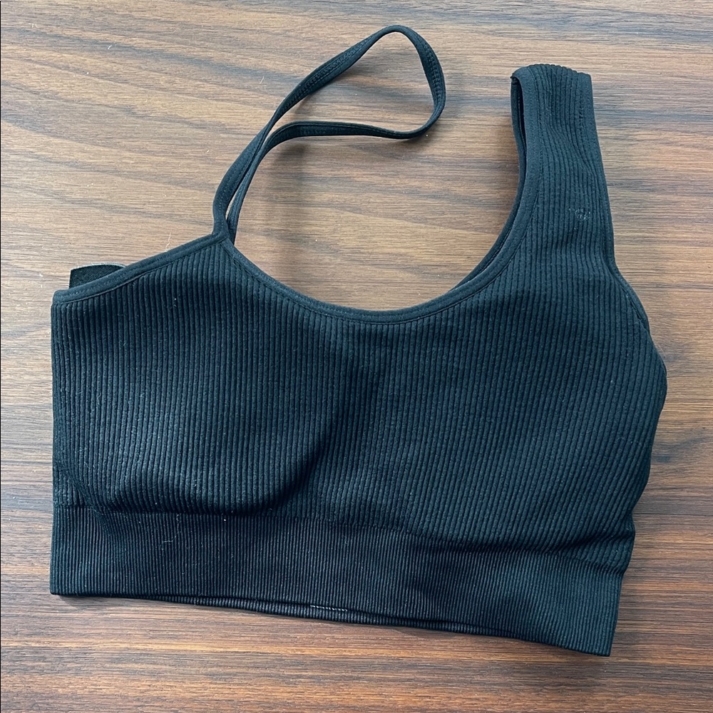 NVGTN Black Ribbed Women's One Shoulder Sports Bra Seamless